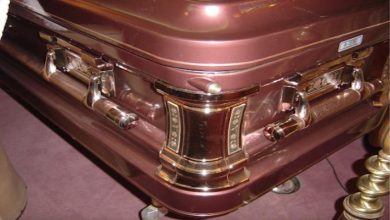 closeup of gold casket corner affixed to red coffin